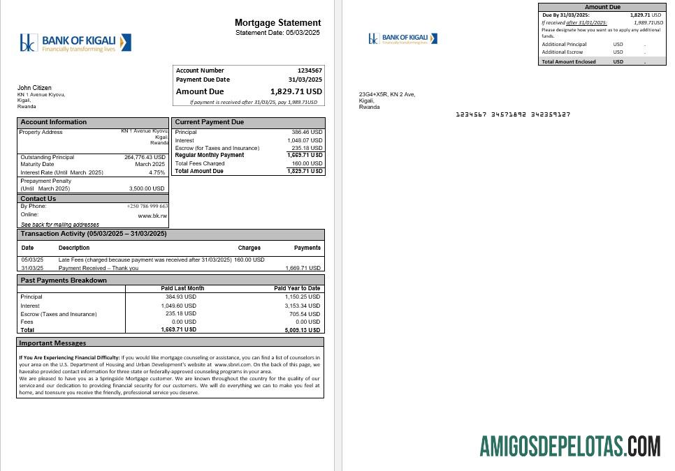 Extrato de hipoteca do Banco de Kigali de Ruanda em formatos Word e PDF exemplo real